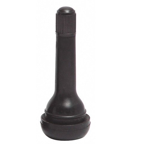 MT-RSR TR425-50 snap-in tire valve standing upright, black rubber stem with rounded base on white background.