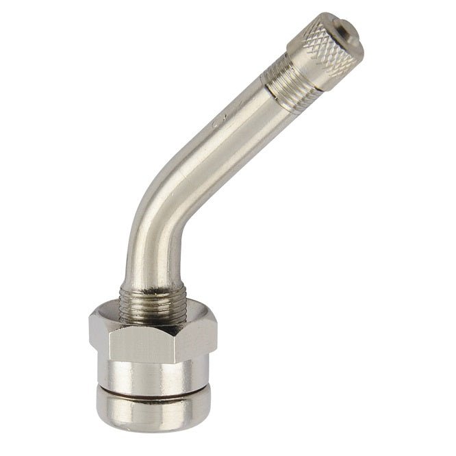 MT-RSR TR543C-100 clamp-in truck tire valve with 45° bent stem, nickel finish, close-up on white background.