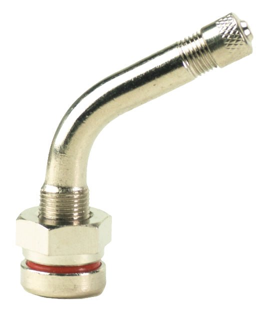MT-RSR TR543D-100 clamp-in truck tire valve with 60° bent stem, nickel finish, close-up on white background.