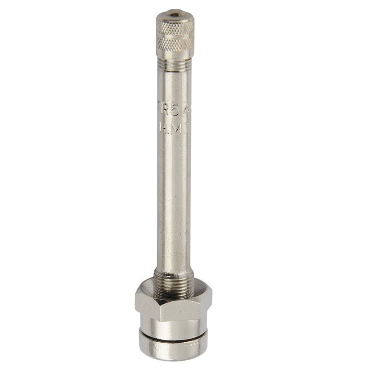 MT-RSR TR544-10 clamp-in truck tire valve, straight stem, nickel finish shown upright on white background.