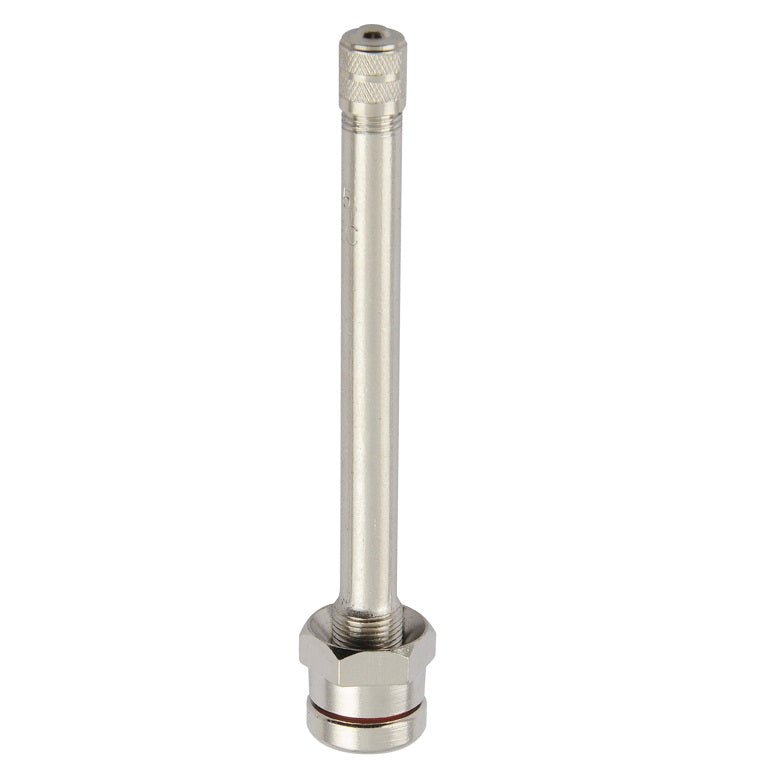 MT-RSR TR545 straight truck tire valve, 3.5 in clamp-in stem shown upright with nickel finish on white background.