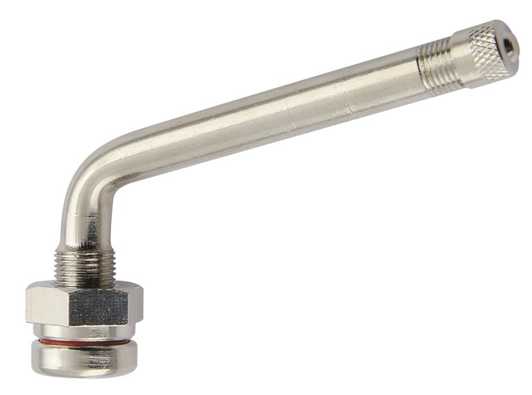 MT-RSR TR545E-10 75° clamp-in truck tire valve, nickel finish, side view on white background.