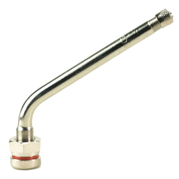 MT-RSR TR546D-10 60° clamp-in truck tire valve with long angled stem, side view on white.