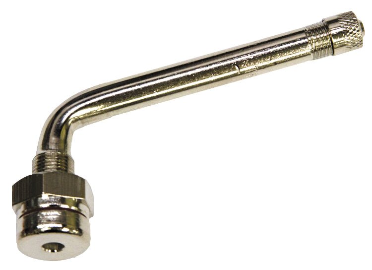 MT-RSR TR546E-10 75° clamp-in truck tire valve, angled stem side view on white.