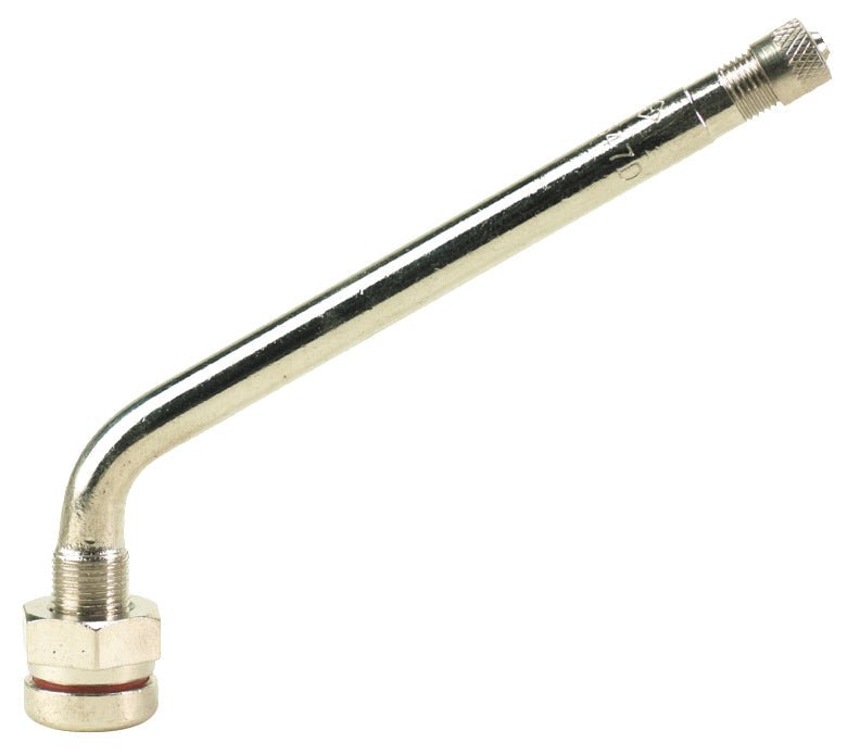 MT-RSR TR547D-10 clamp-in truck valve, 60° bent stem side view on white.