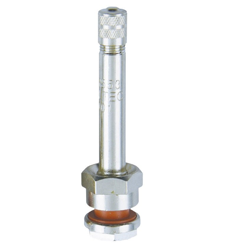 MT-RSR TR553 clamp in truck tire valve, straight metal stem with gasket, front view on white.