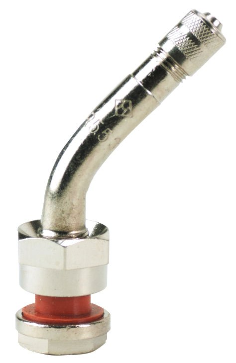 MT-RSR TR553C-100 clamp in truck tire valve with 45 degree bent metal stem and red gasket, angled close up on white.