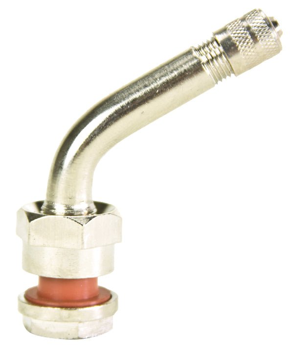 MT-RSR TR553E-100 clamp in truck tire valve with 75 degree bent metal stem and red gasket, close up on white.