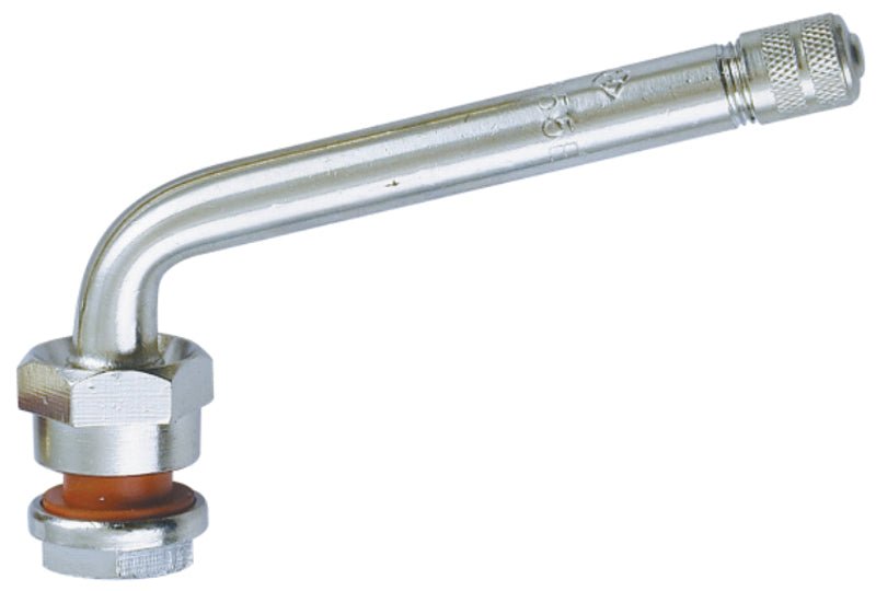 MT-RSR TR555E-10 clamp in truck tire valve with 75 degree bent metal stem and red gasket, close up on white.