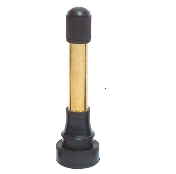 MT-RSR TR602HP-50 high pressure snap-in tire valve with black cap, brass stem and rubber base shown upright on white.