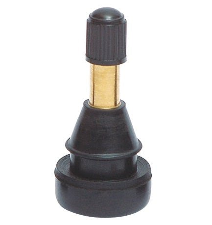 MT-RSR TR801HP-50 high pressure snap-in tire valve with black cap, brass stem and rubber base shown upright on white.