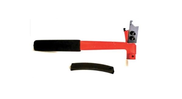 UWT UWT-1200HP wheel weight hammer and removal tool with black handle and red hammer head shown on white background.