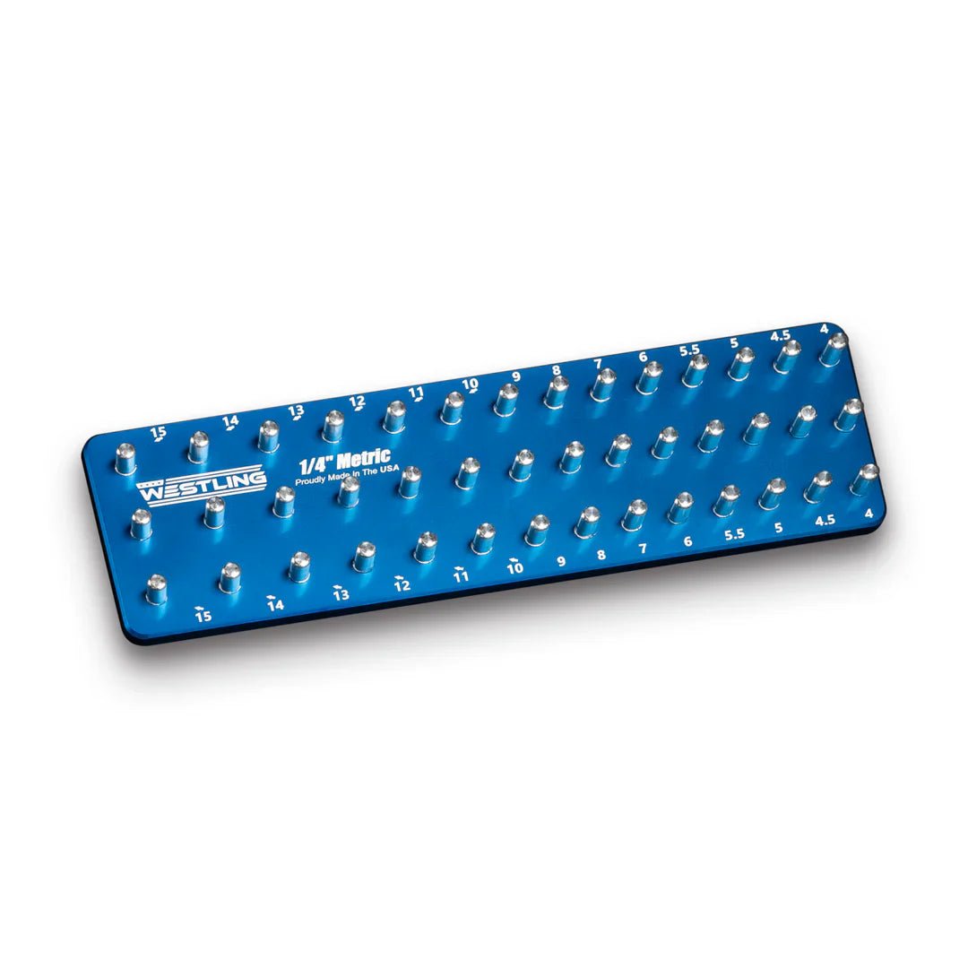 WESTLING USA blue aluminum socket tray with three rows of machined openings on white background.
