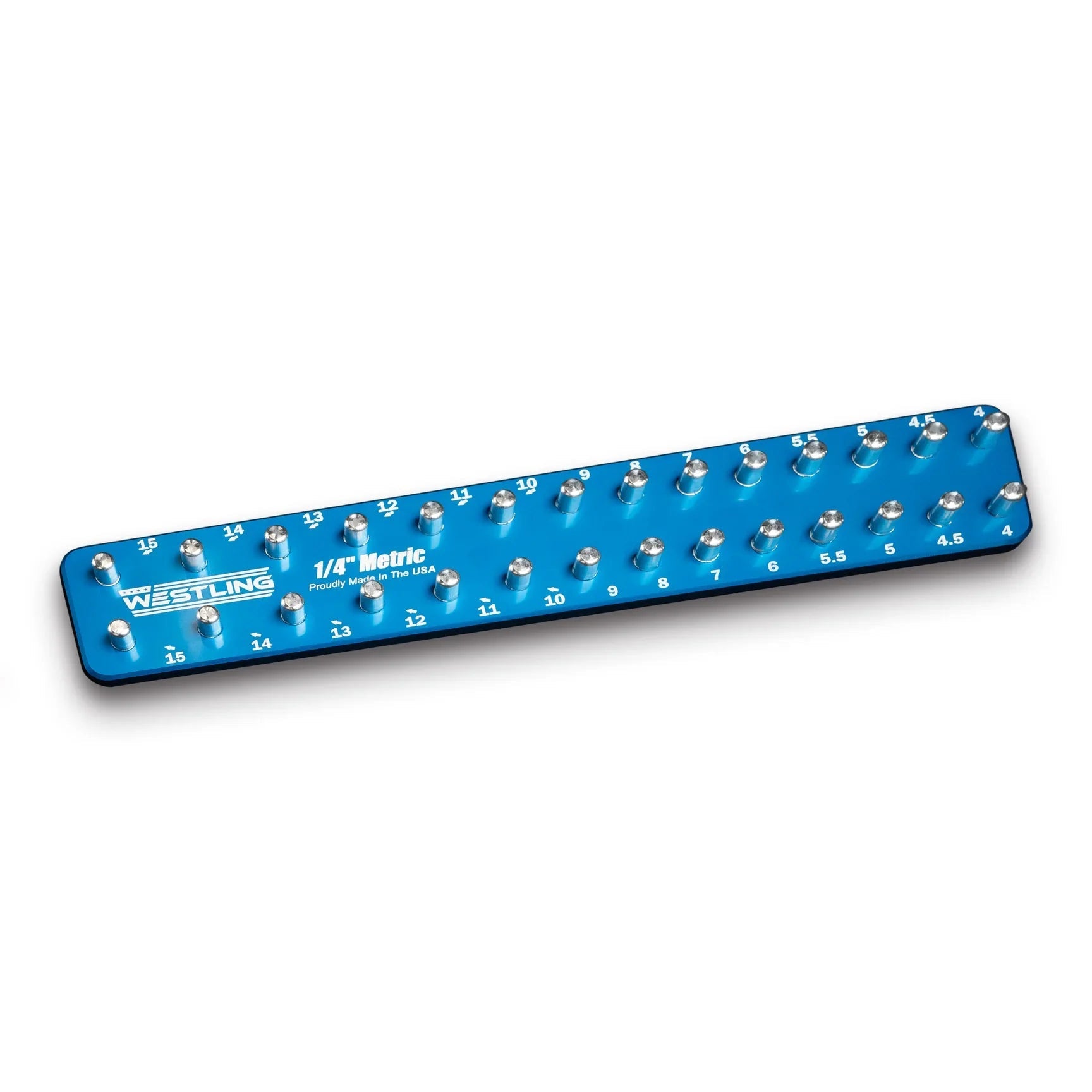 WESTLING USA blue aluminum socket tray with two rows of holders shown on white background.