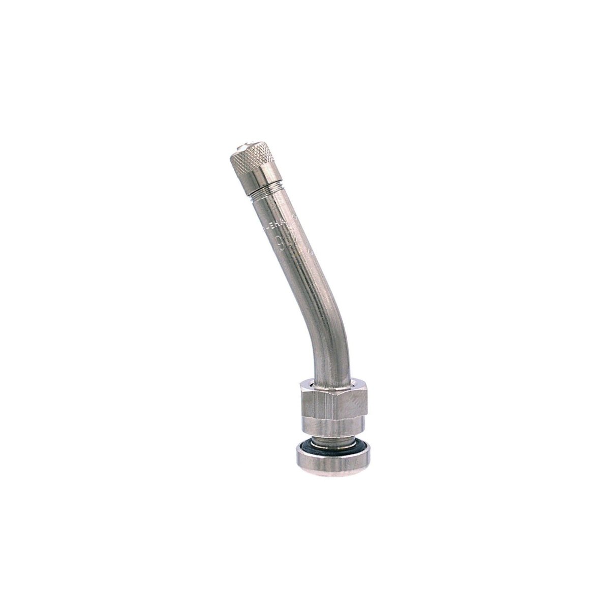MT-RSR WG-90MS nickel tire valve with 27° bend shown upright against white background.