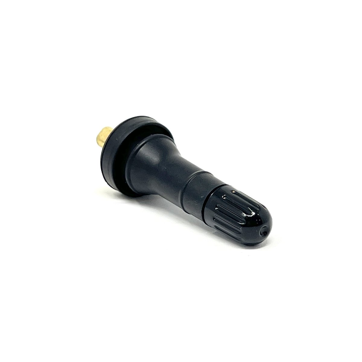 Wegmann Automotive WG-U2 TPMS valve shown at an angle with black rubber body and metal core on white background.