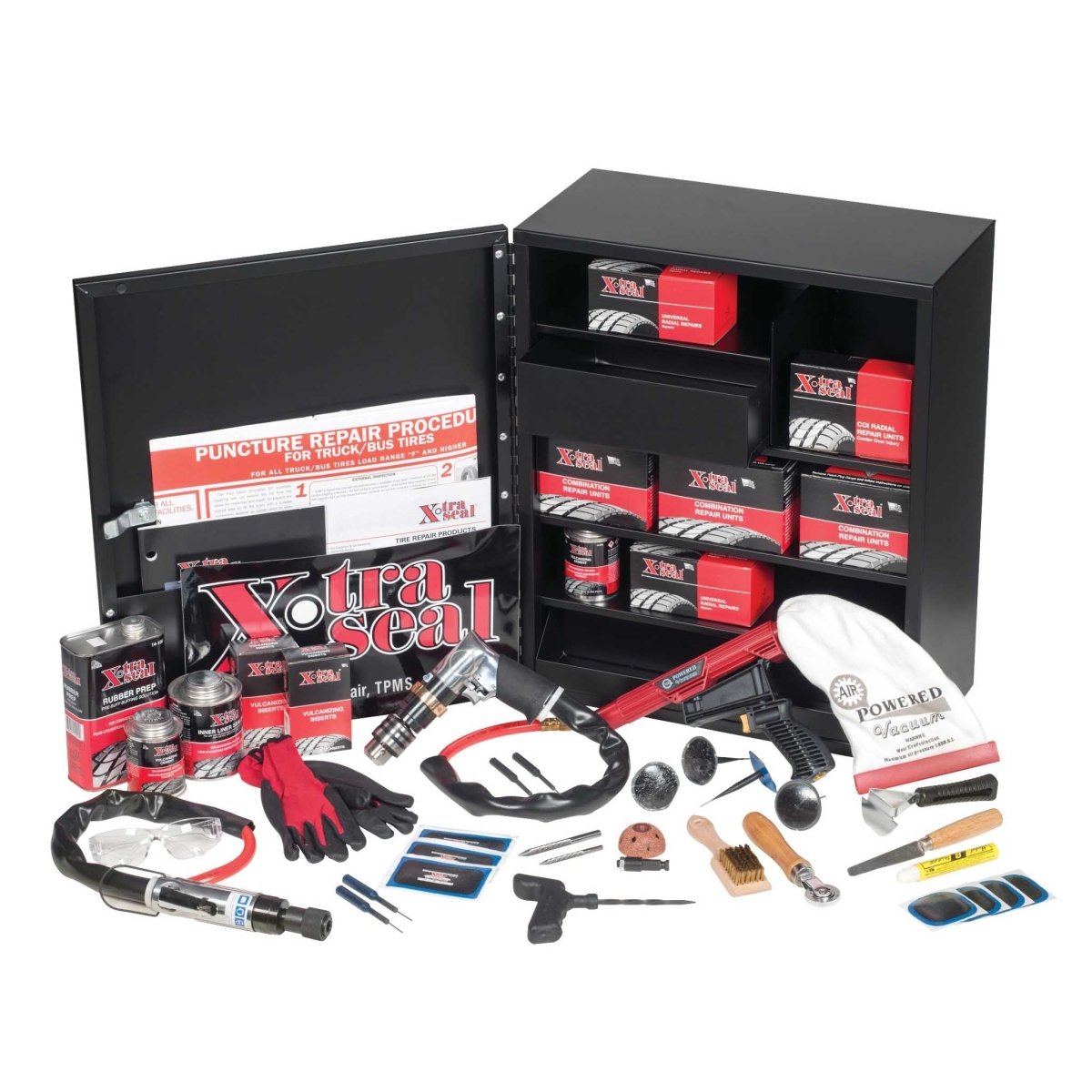 XTRA SEAL heavy-duty tire repair cabinet with open compartments and assorted repair tools displayed on white background.