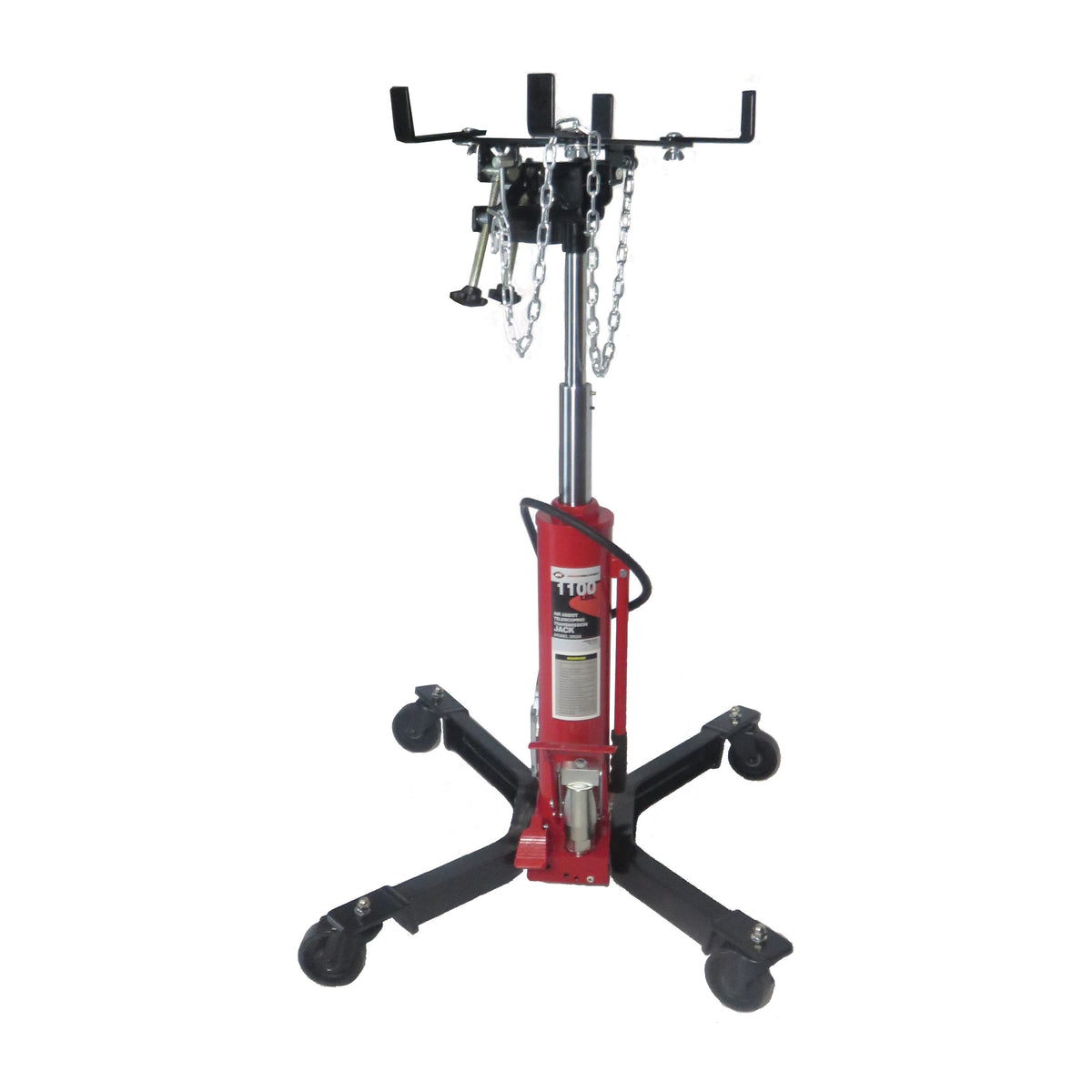 1,100 lb air-assist transmission jack with adjustable saddle and wheeled base