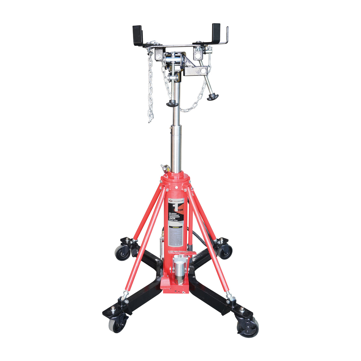 2,000 lb air-assist transmission jack with adjustable saddle and wheeled base
