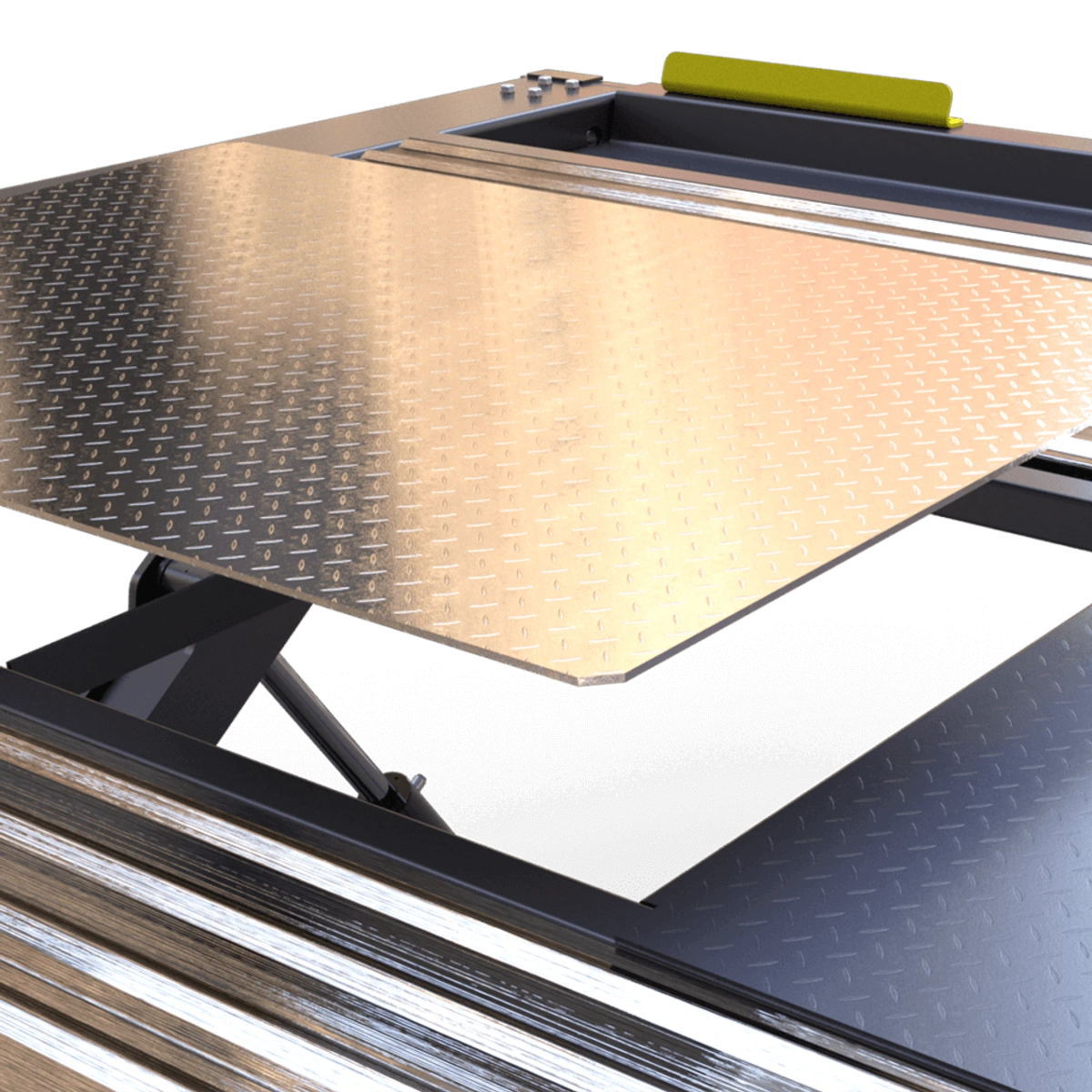 Autostacker 5210195 PL-6SR access panel shown partially removed from lift platform to reveal access opening for fast oil changes and undercarriage service.