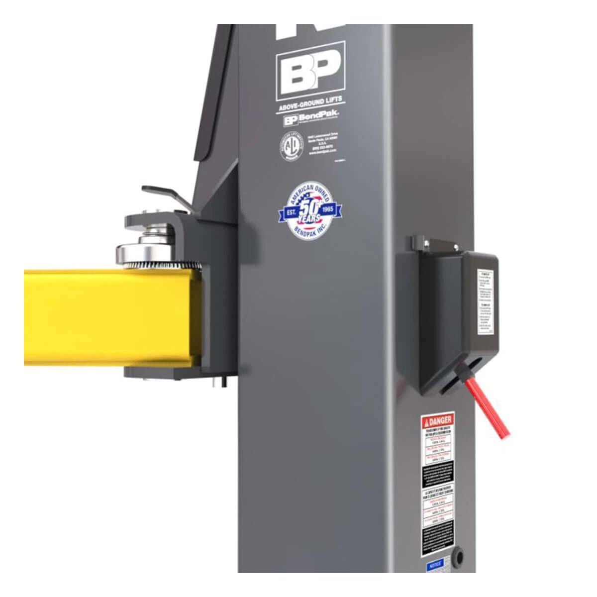 Close-up of the BendPak 12APX two-post lift arm assembly and column interface.