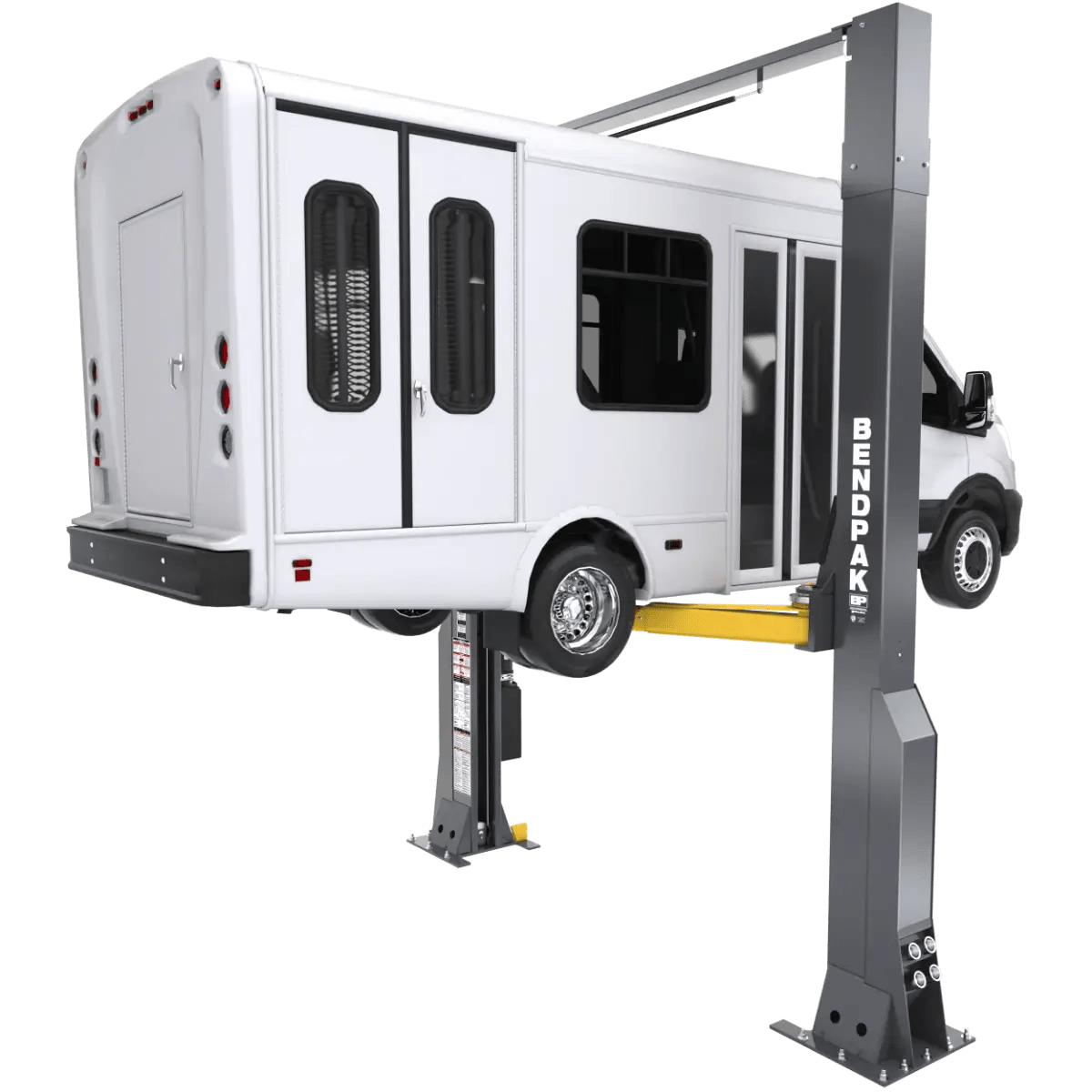 BendPak 16AP-192 two-post lift raising a large shuttle van, angled rear-left view showing extended-height clearfloor design with yellow arms and steel columns.