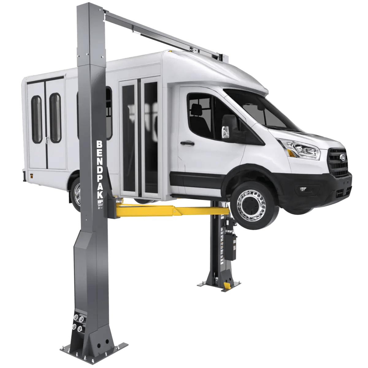 BendPak 16AP-192 two-post lift raising a white shuttle van, showing clearfloor design, gray columns, yellow telescoping arms, and overhead beam.