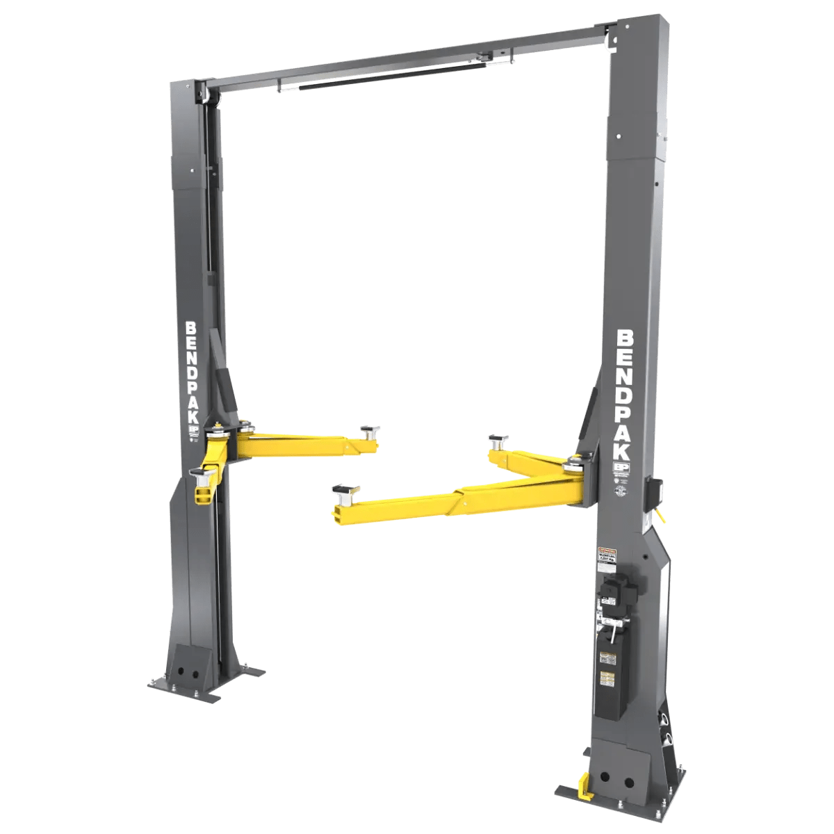 BendPak 16AP-192 two-post lift, angled right-side view showing extended-height structure, yellow arms, overhead bar, and gray columns with BendPak branding.