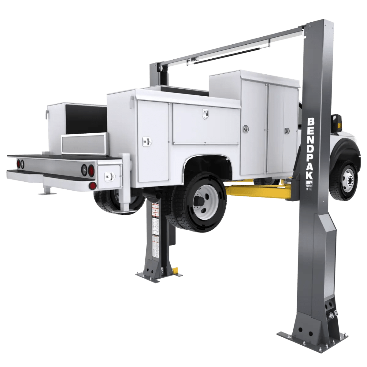 BendPak 16AP two-post lift shown hoisting a white service truck to demonstrate lifting capacity, highlighting yellow arms, gray columns, and overhead crossbar.