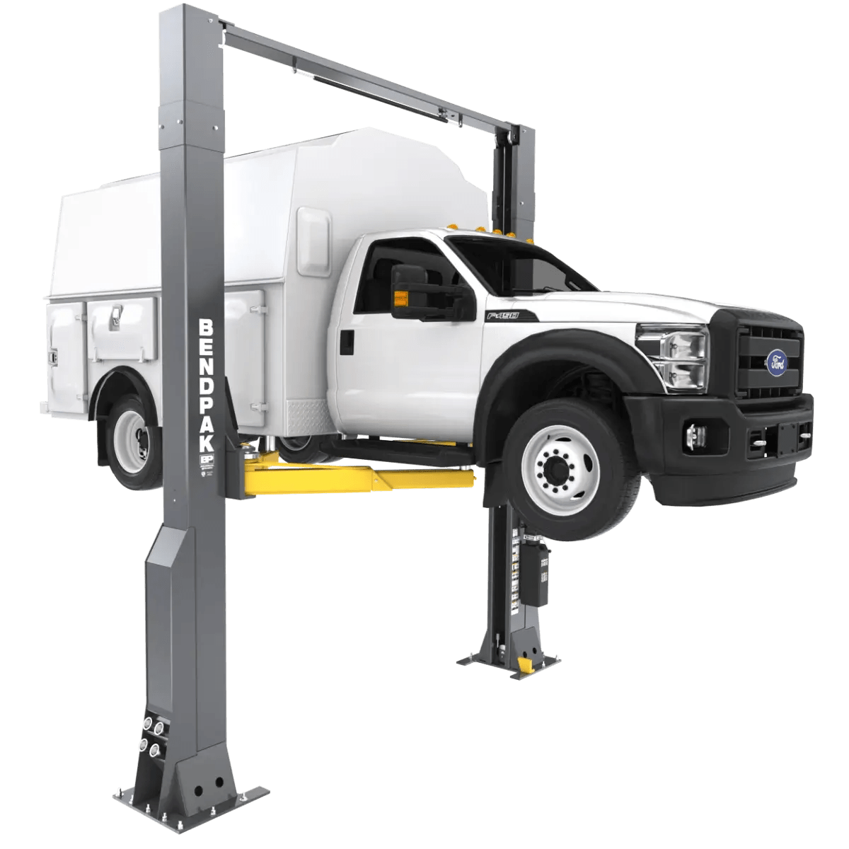 BendPak 20AP-192 two-post lift raising a white service truck, front-right angle showing extended-height frame, yellow lift arms, overhead beam, and BendPak-branded columns.