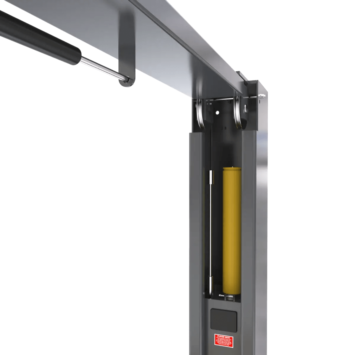 BendPak 20AP two-post lift closeup of hydraulic cylinder assembly inside column, showing yellow piston housing, steel guide rails, and overhead crossbeam connection.