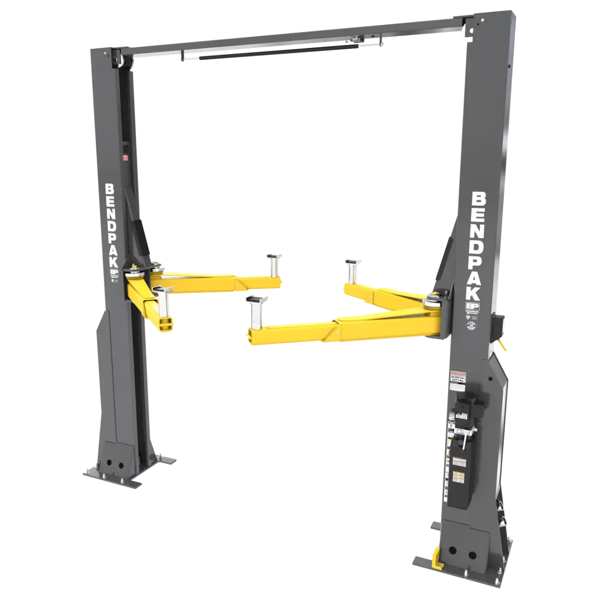 BendPak 20AP two-post lift, angled right-side view showing heavy-duty clearfloor design with yellow lift arms, gray columns, overhead beam, and BendPak branding.