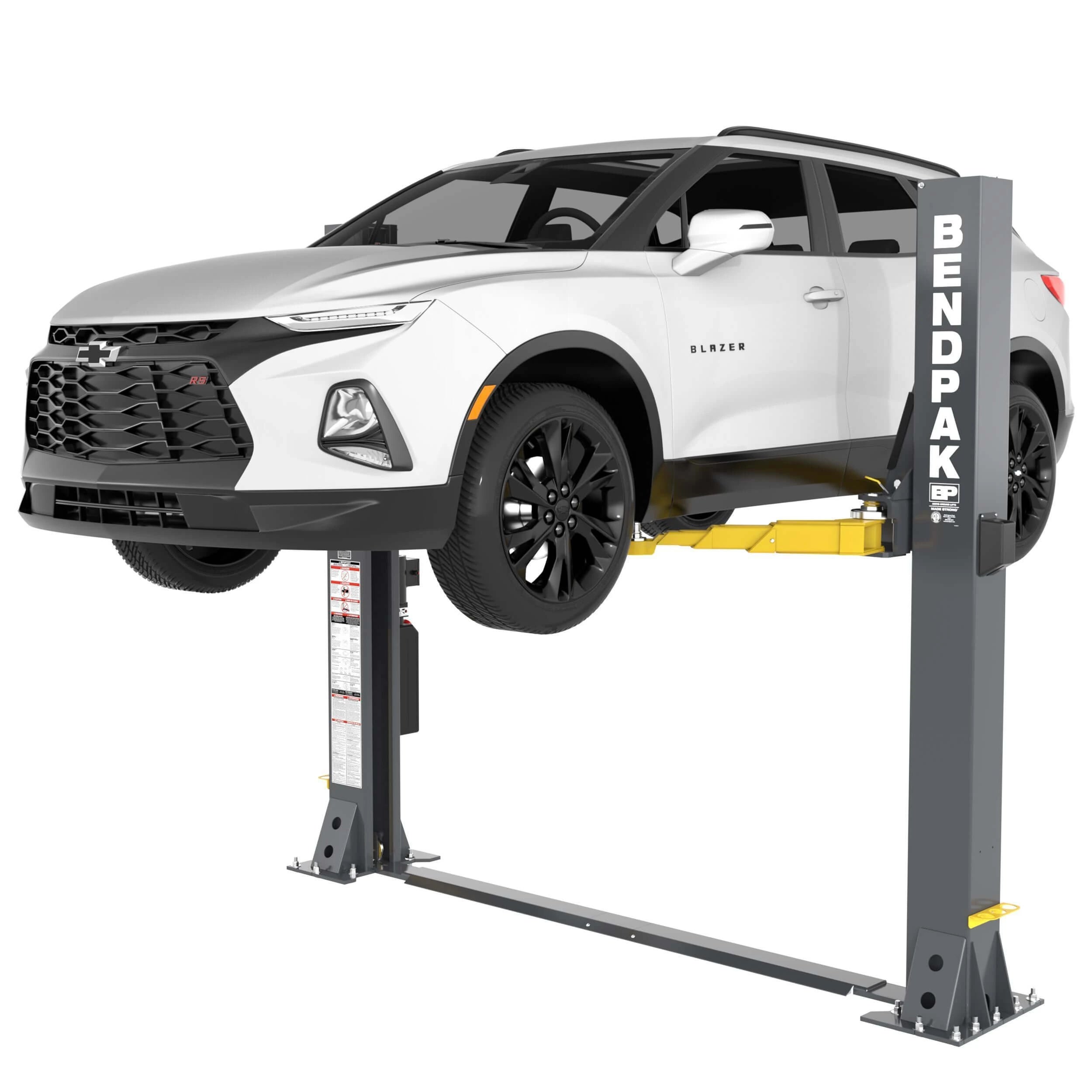 Side view of BendPak 9APF open-top two-post car lift supporting an SUV on its arms