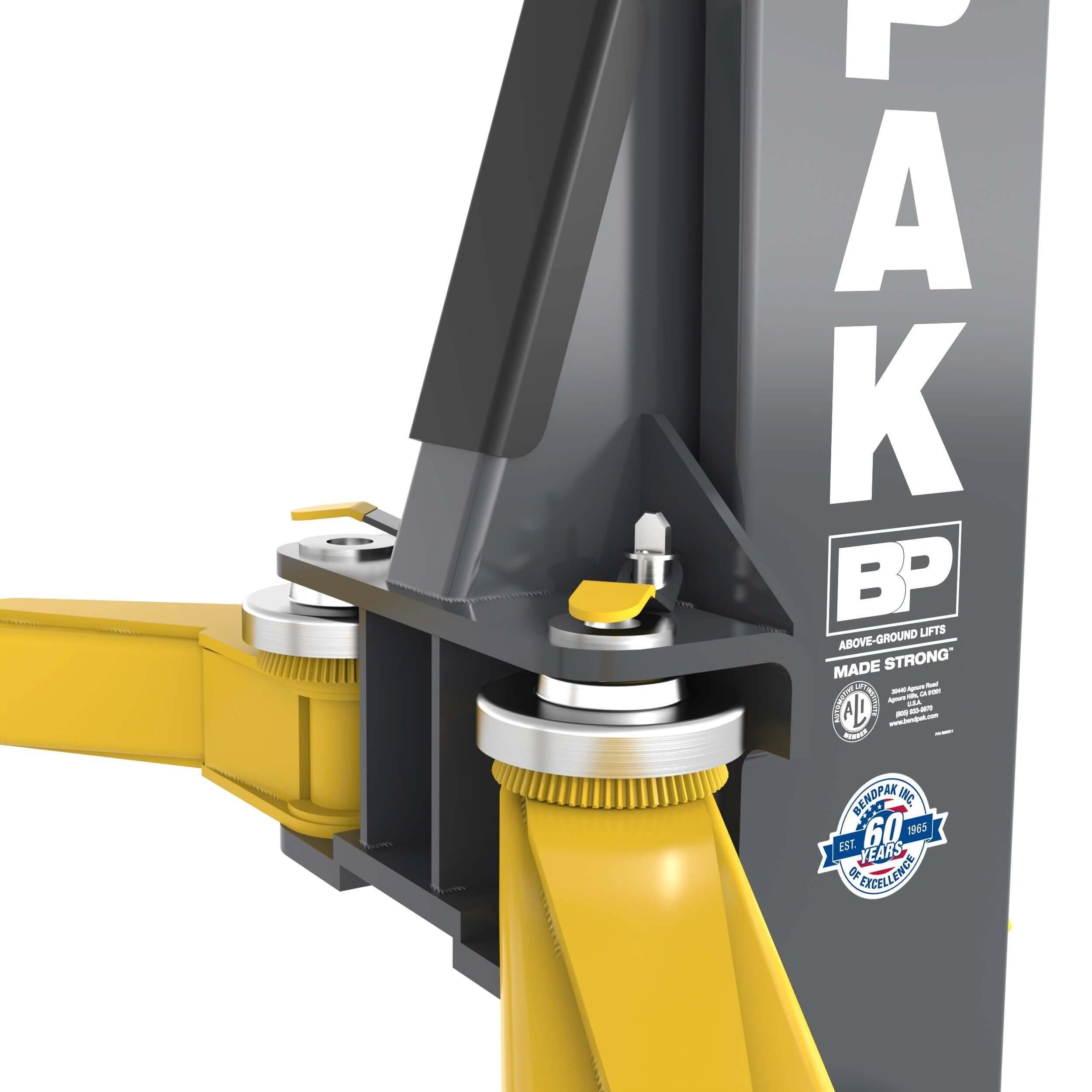 Close-up of BendPak 9APF two-post lift arm and height adapter engaging the vehicle frame