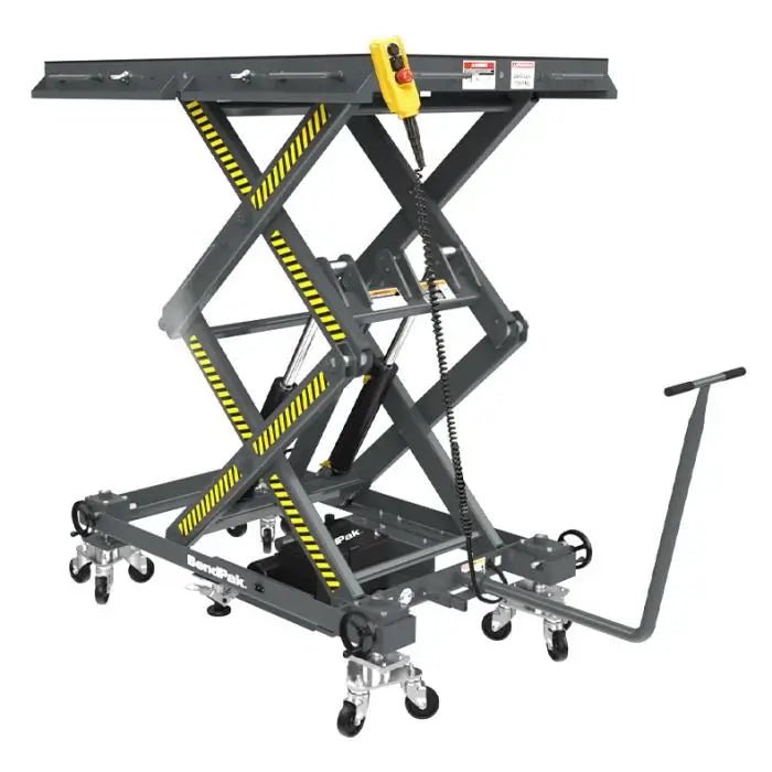 BendPak EV2400SL battery pack lift table, standalone view showing steel scissor design, wheeled base, hydraulic system, and handheld control for EV service operations.