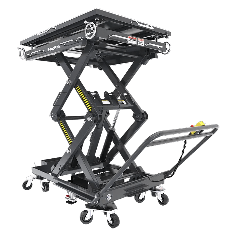 BendPak EVS4500 battery pack lift table shown raised in hero view with roller-top platform, steel scissor linkage, swivel casters, and push handle for EV service.