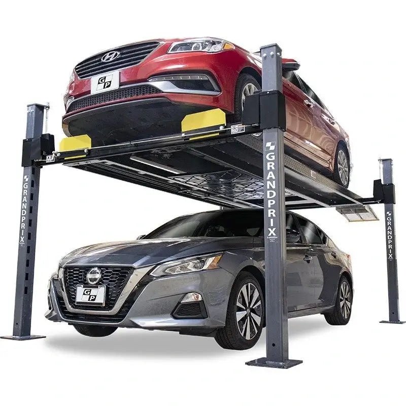 BendPak GP-9F four-post car lift shown storing two sedans, demonstrating its 9000 lb capacity and GrandPrix design for compact double-vehicle parking and maintenance.
