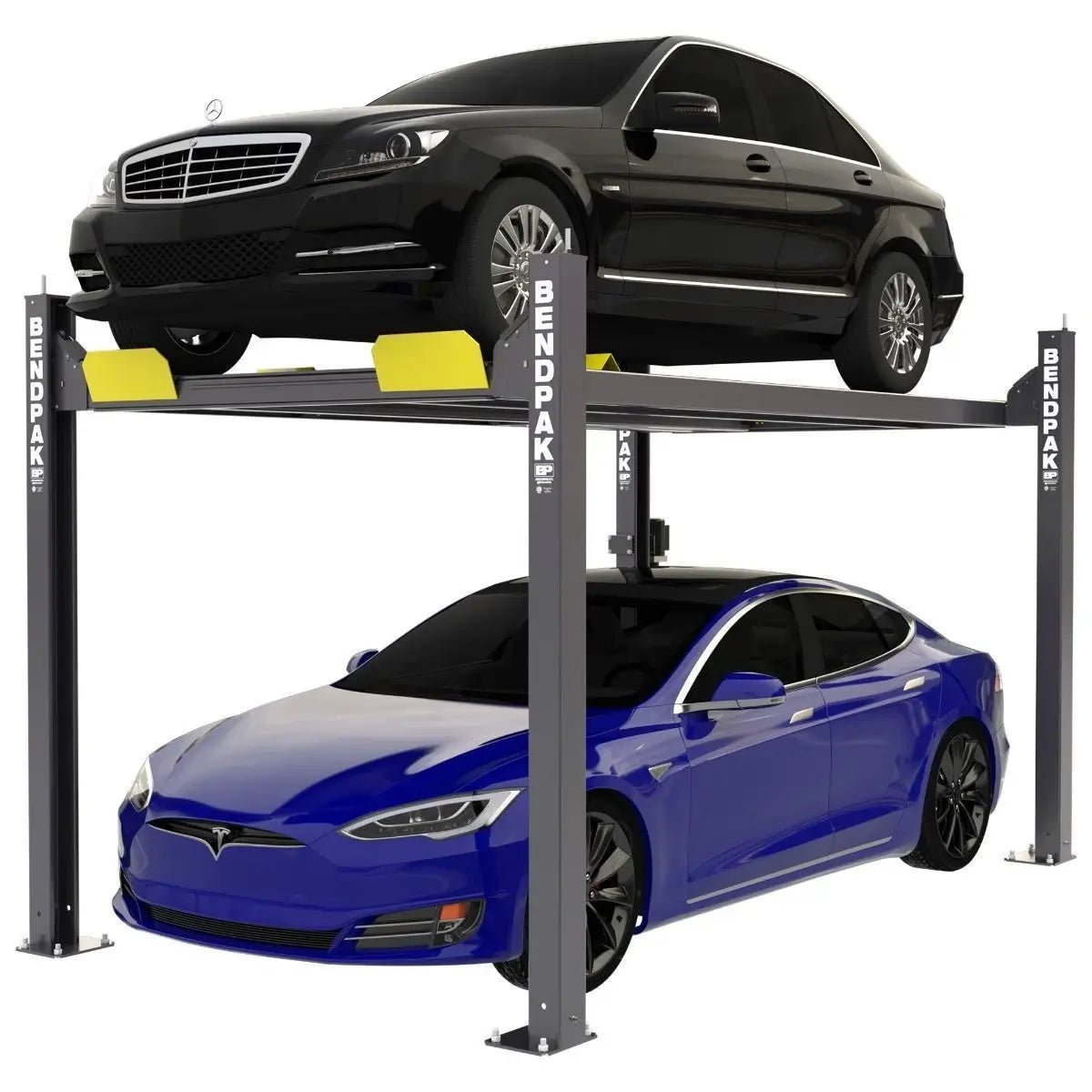 BendPak HD-7P four-post car lift shown in use with two cars stacked, demonstrating its 7000 lb capacity and narrow high-rise design for space-efficient vehicle storage.