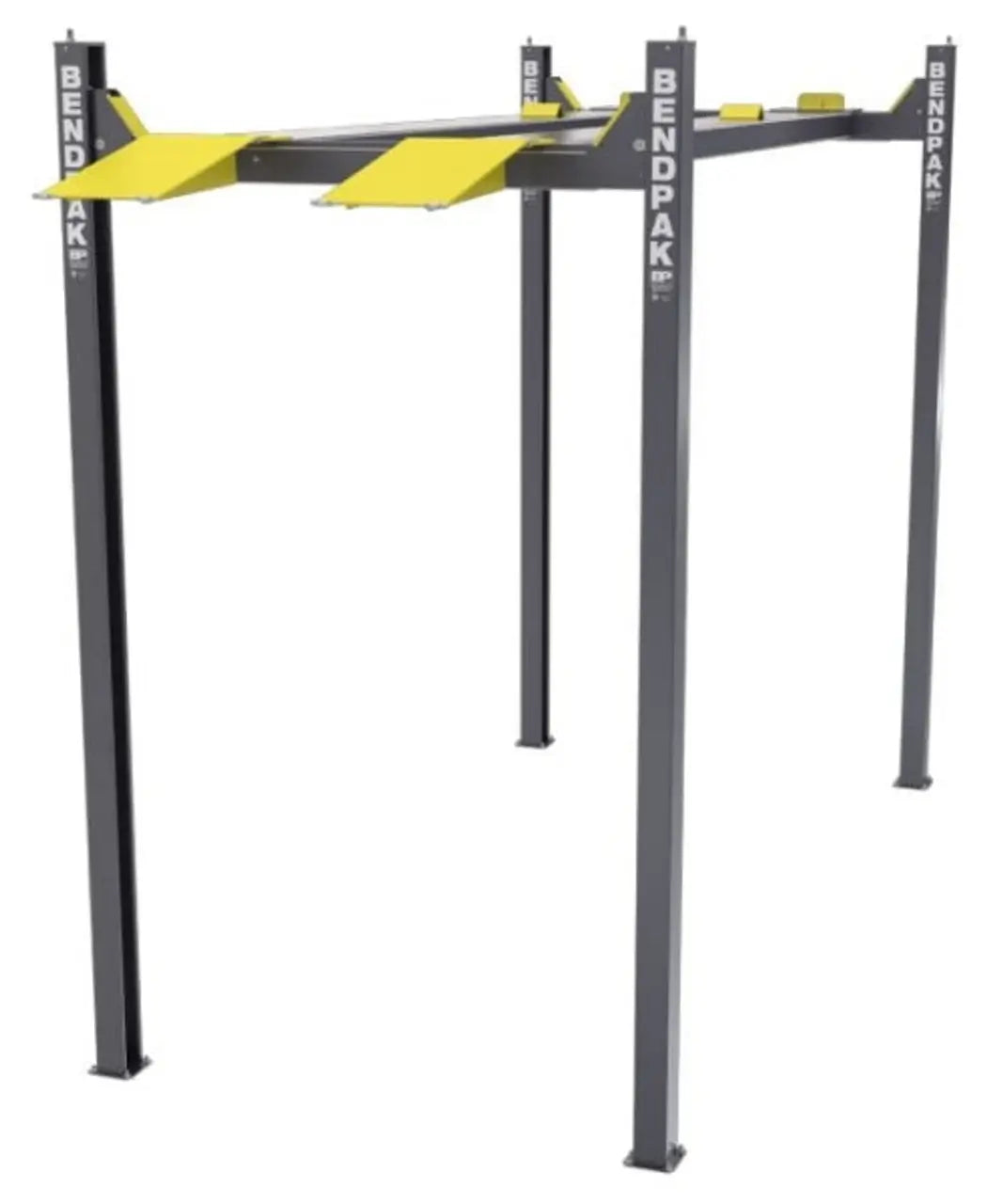 BendPak HD-7PXW four-post car lift frame shown without vehicle, featuring tall steel columns, extended height design, and yellow runways for high-clearance automotive storage or display.