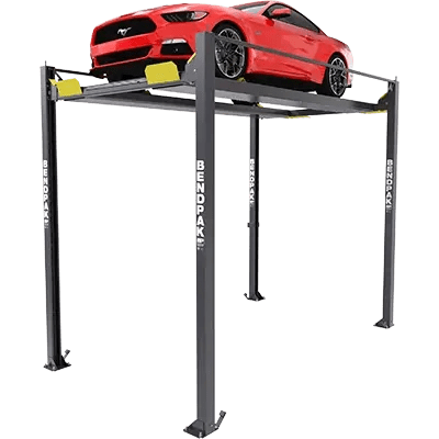 BendPak HD-7PXW four-post super-tall car lift shown elevated with a red sports car, demonstrating its extended height clearance for parking taller vehicles or maximizing garage storage space.
