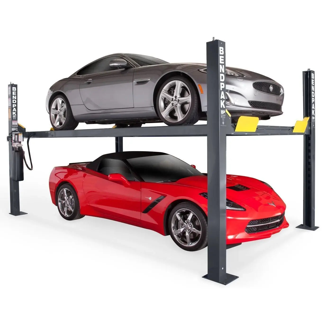 BendPak HD-9STX four-post lift studio hero view with two cars stacked to show extended height design, runways, columns, and power unit.