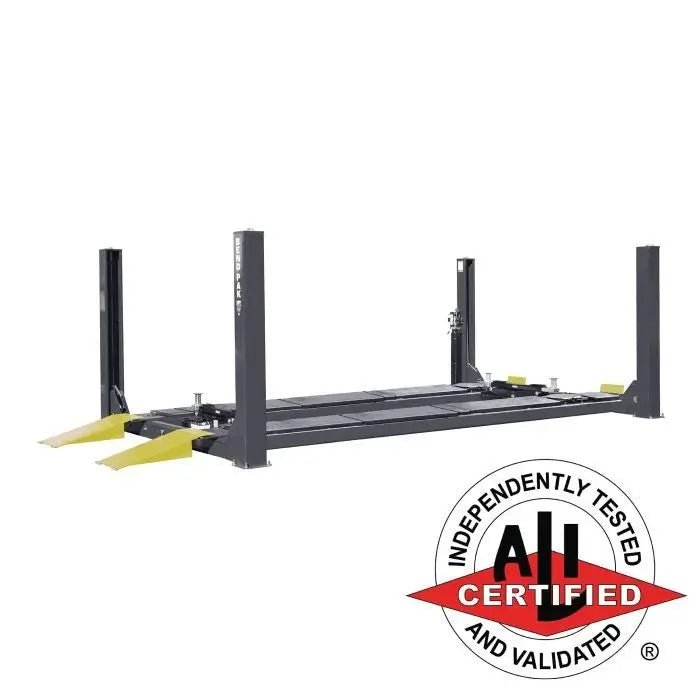 BendPak HDS-18EA four post alignment lift shown in full view with ALI Certified mark, featuring yellow approach ramps and long runways for large vehicles