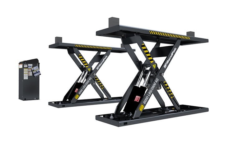 BendPak MDS-6LPF 6,000-lb mid-rise portable scissor lift without vehicle; side view highlights flat platforms, scissor structure, and low-profile frame design.