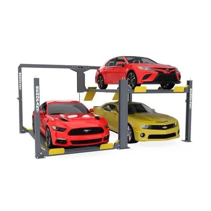 BendPak PL-12000DP four-post tandem parking lift stacking two red and yellow sports cars; hero view showing dual platforms and extended-width columns.