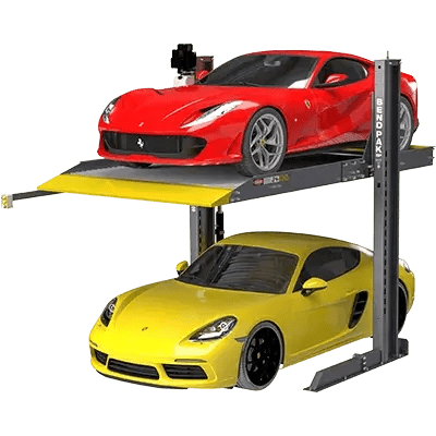 BendPak PL-6000DC two-post parking lift stacking a red sports car above a yellow coupe; hero view shows dual hydraulic posts and full-width platform.