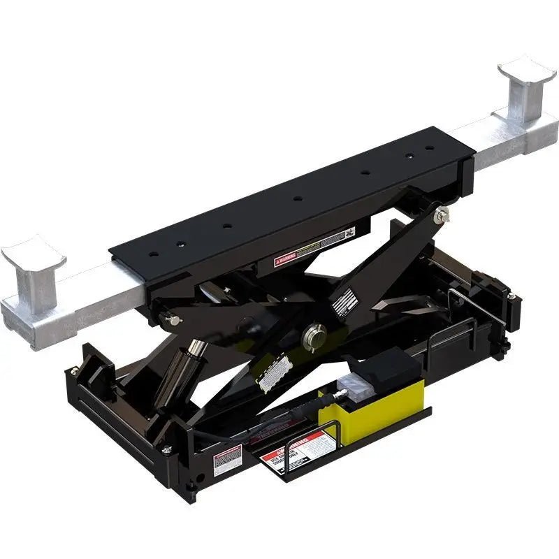 Angled view of BendPak RBJ25000 rolling bridge jack with 25,000-lb capacity, showing reinforced dual-scissor lifting arms, hydraulic system, and adjustable lift pads with silver telescoping beam on a white background.