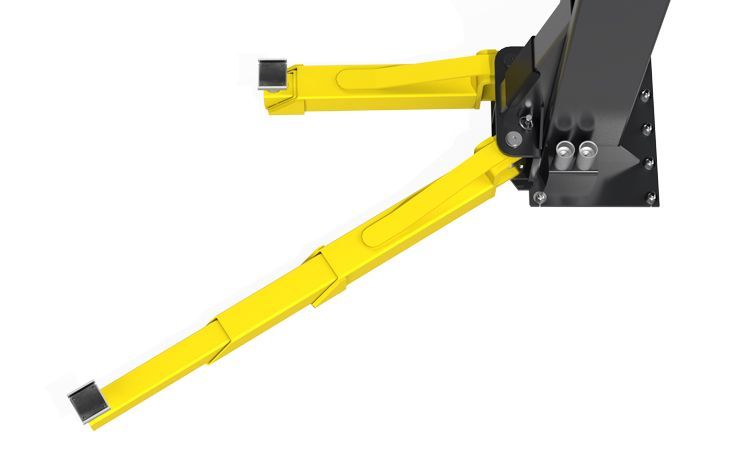 BendPak XPR-12CL-192-LTA two-post lift side arm detail; yellow dual-stage arms shown in pivoted position with reinforced mounting bracket and pads.