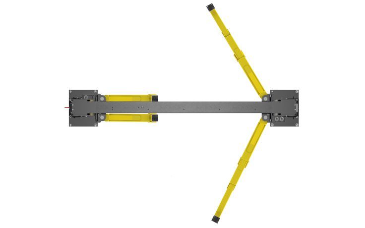 BendPak XPR-12CL-192-LTA two-post lift top-down view showing wide arm spread geometry and symmetrical lifting configuration for large vehicles.