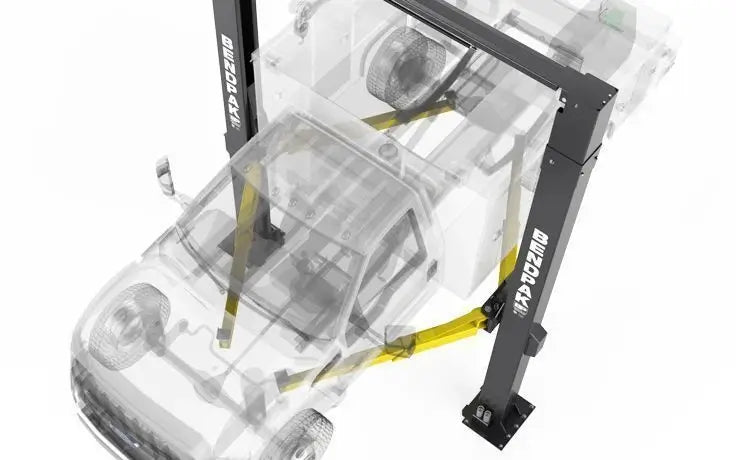 BendPak XPR-12CL two-post lift overhead diagram displaying transparent vehicle outline and lift arm positioning for balanced load distribution.