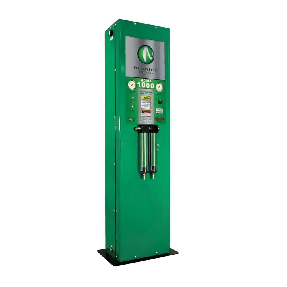 Branick 1000 nitrogen generator tower, front three-quarter view with control panel, gauges and buttons, dual prefilter canisters, green cabinet.